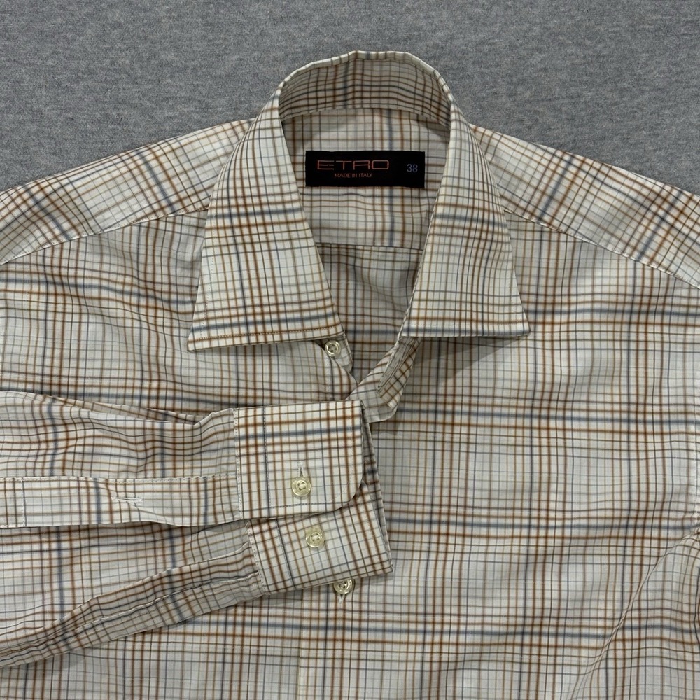 ETRO Button Down Shirt Mens 38 (S) Cream Plaid Check Pattern Long Sleeve Italy